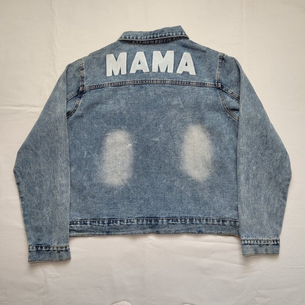 Patpat Mama Distressed Denim Jean Jacket Medium Light Wash Streetwear - Picture 2 of 14